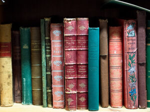 Äldre böcker uppställda i en bokhylla